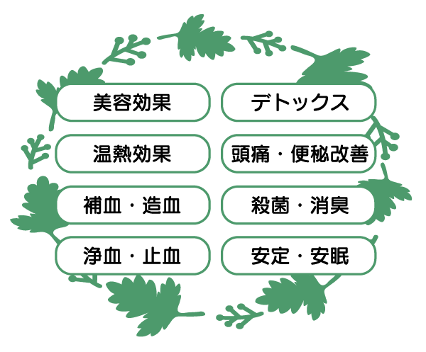 よもぎの薬効、美容効果、温熱効果、デトックス、頭痛・便秘改善、補血・造血、殺菌・消臭、浄血、止血、安定、安眠